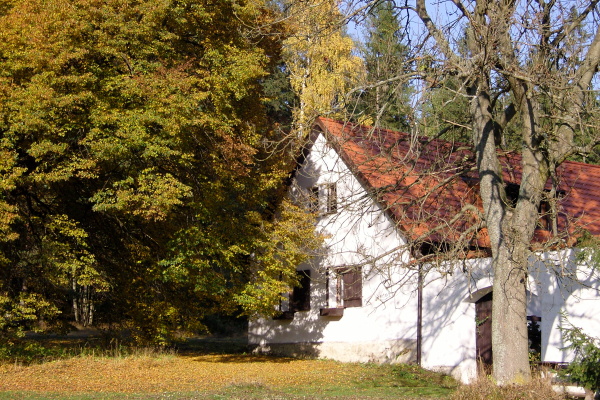 Ubytování - Jižní Čechy - Chalupa na samotě u lesa - pohled zvenku - podzim na chalupě