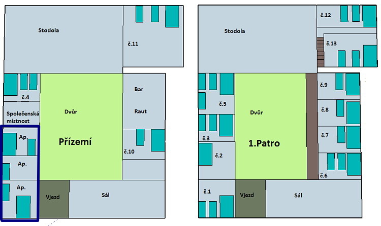 Ubytování Podblanicko - Apartmánový dům Blaník - plánek objektu (malý apartmán vyznačen modře)